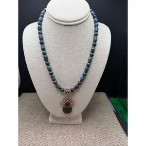 Sterling Silver Multicolor Beaded Necklace w/ Teardrop Pendant – Artisan Stateme